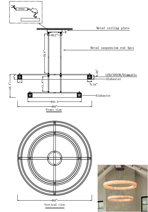 Rivage 2-Tier Round Calcite Chandelier 60"