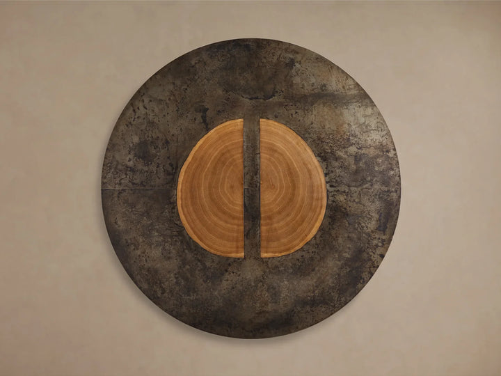 Acacius Round Dining Table Oxidized Steel Wood Industrial Artisanal Dining