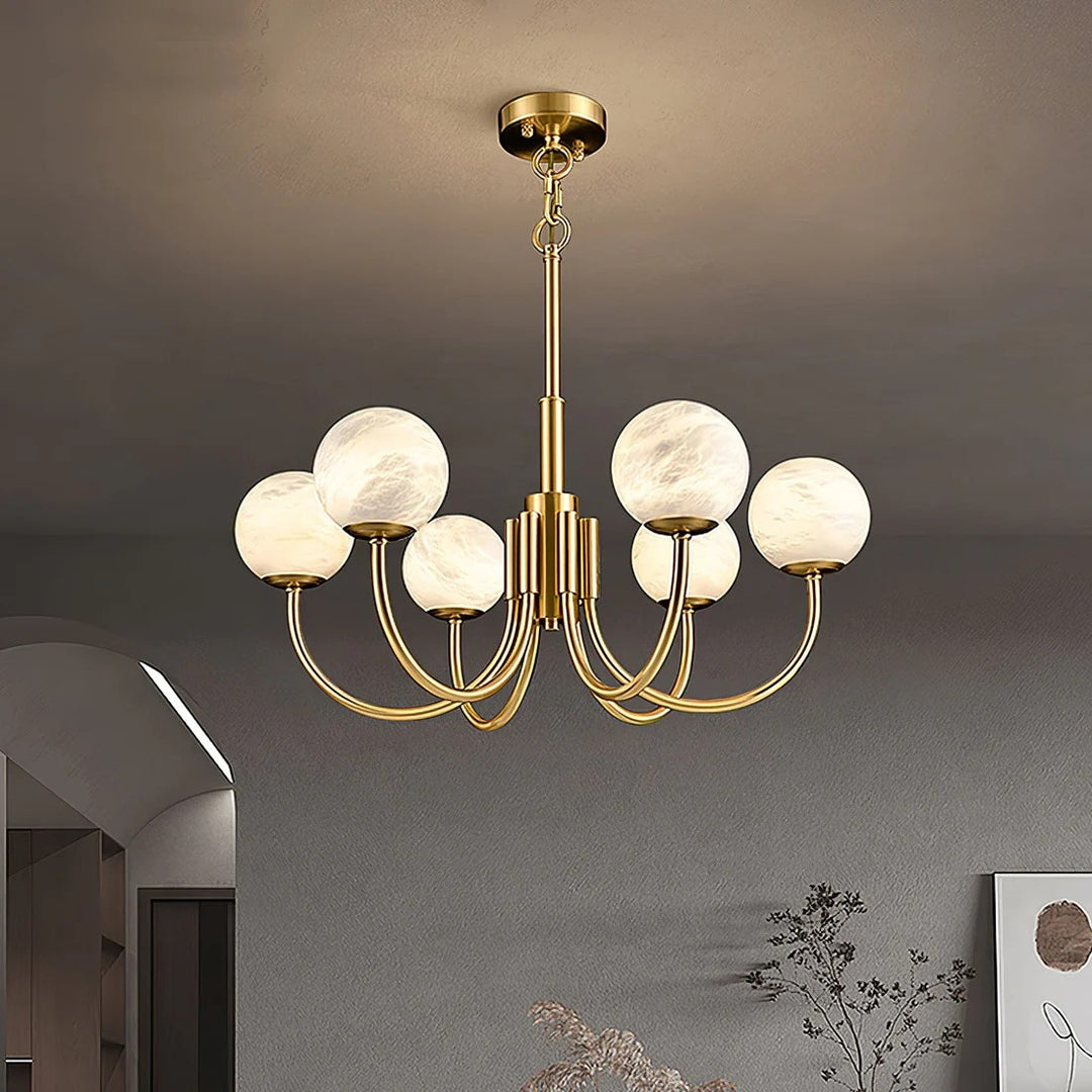 Alabaster Globe Chandelier – Brass & White, 6‑10 Heads