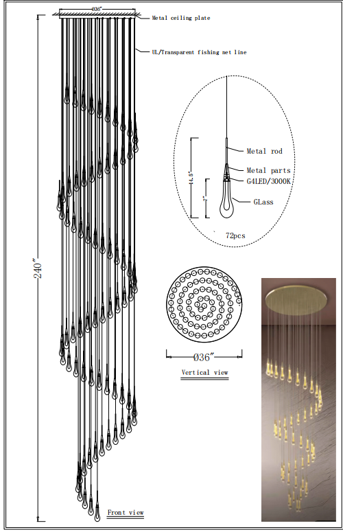 Amoy Multi-LED Glass Staircase Chandelier 36''D (customized)
