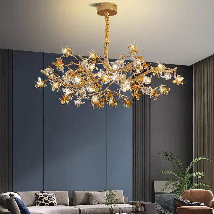 Aosta Orchid Branch & Crystal Bloom Brass Chandelier