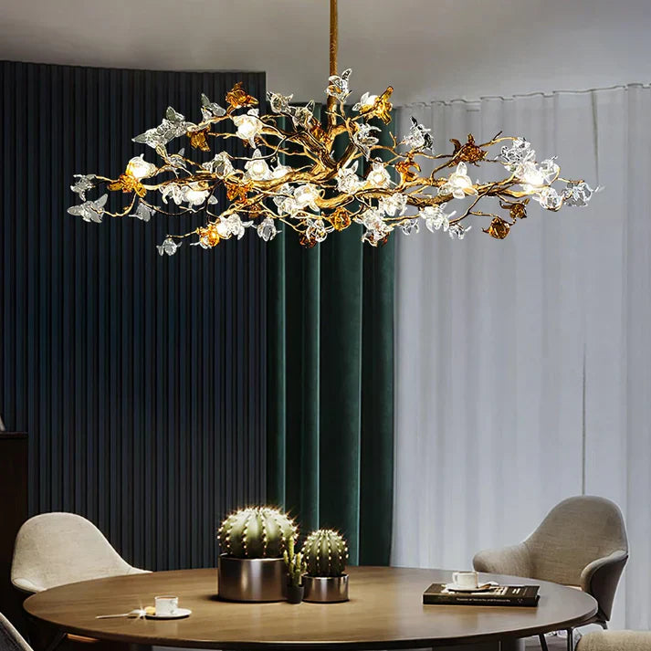 Aosta Orchid Branch & Crystal Bloom Brass Chandelier