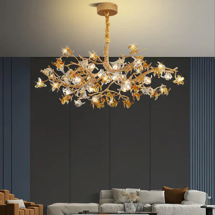 Aosta Orchid Branch & Crystal Bloom Brass Chandelier