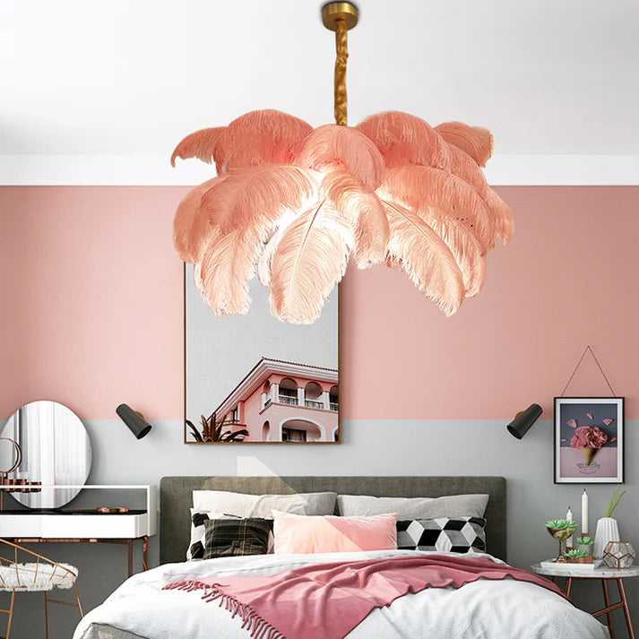 Art Deco Colorized Feather Brass Branch Chandelier