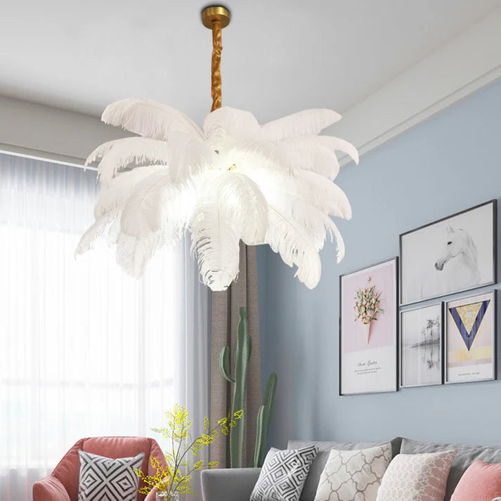 Art Deco Colorized Feather Brass Branch Chandelier