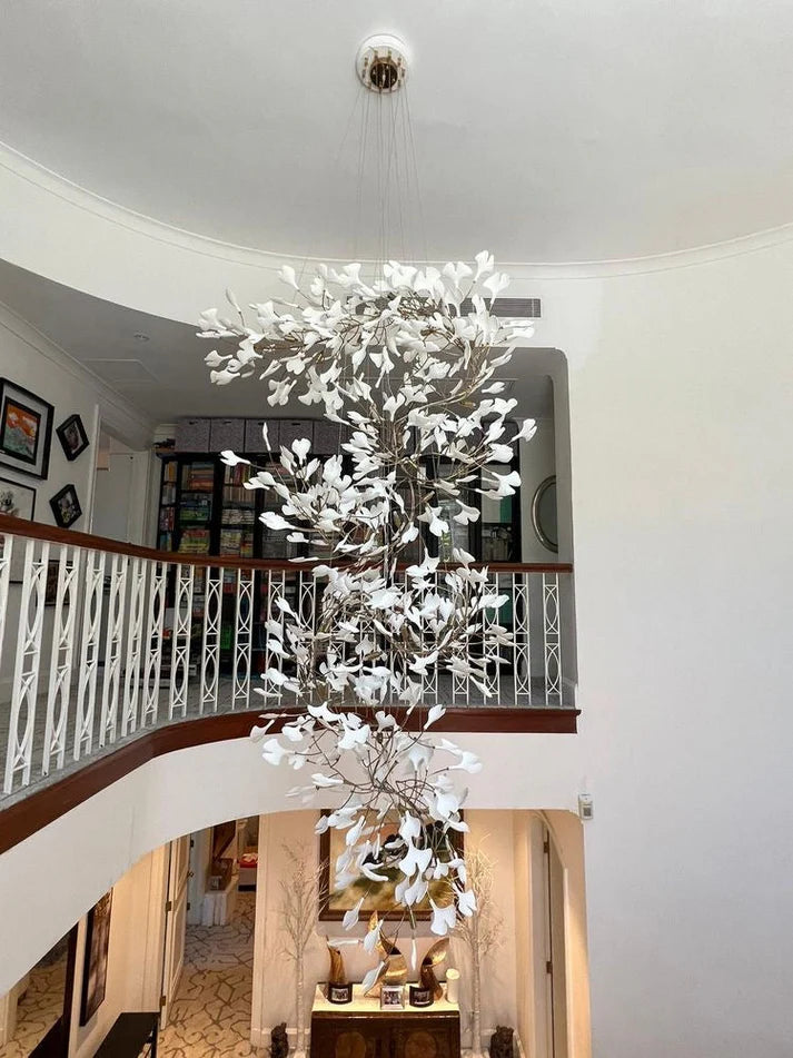 Artistic Tree Branch Pendant Light with Ceramic Ginkgo Leaves