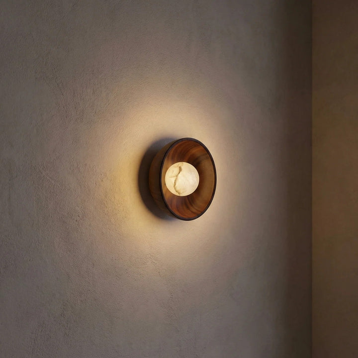 Bosco Wood Walnut Disc Alabaster Wall Sconce