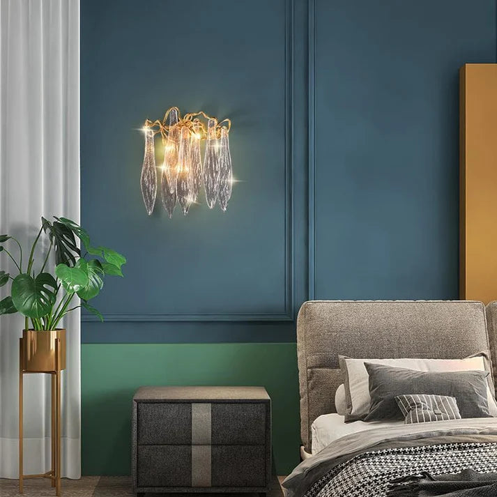 Flake Long Crystal Branch Brass Wall Sconce