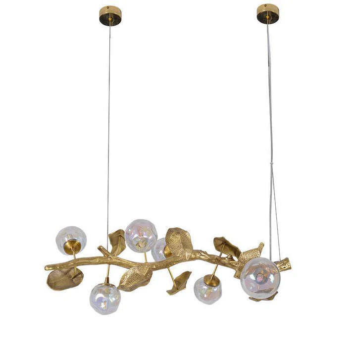 Long Organic Glass Bubble Brass Leaves Branch Chandelier