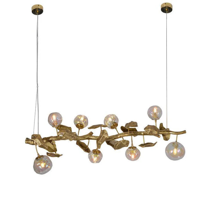 Long Organic Glass Bubble Brass Leaves Branch Chandelier