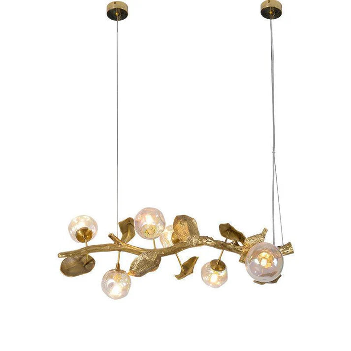 Long Organic Glass Bubble Brass Leaves Branch Chandelier