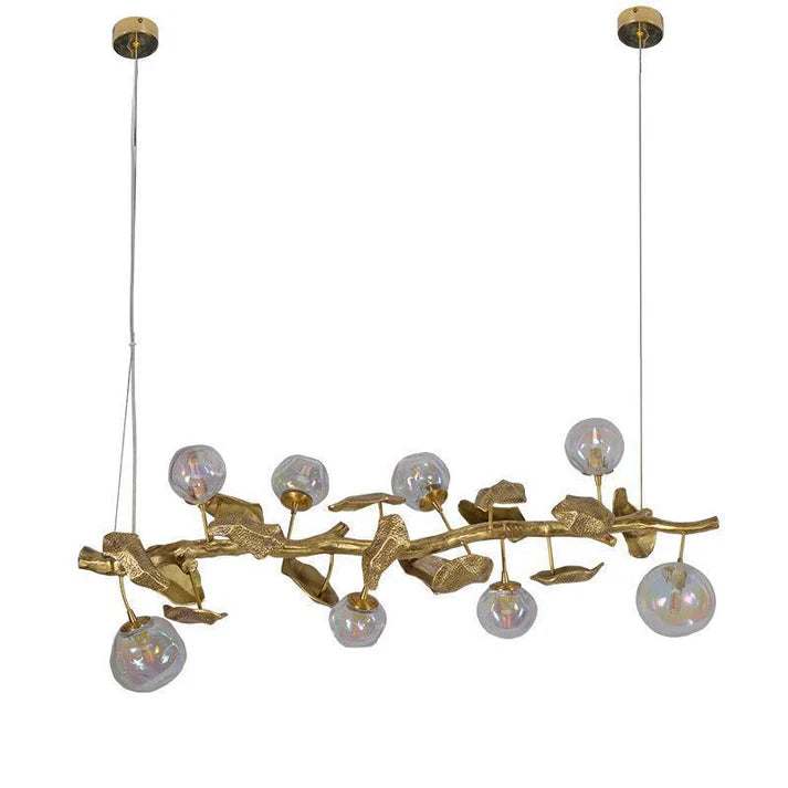 Long Organic Glass Bubble Brass Leaves Branch Chandelier