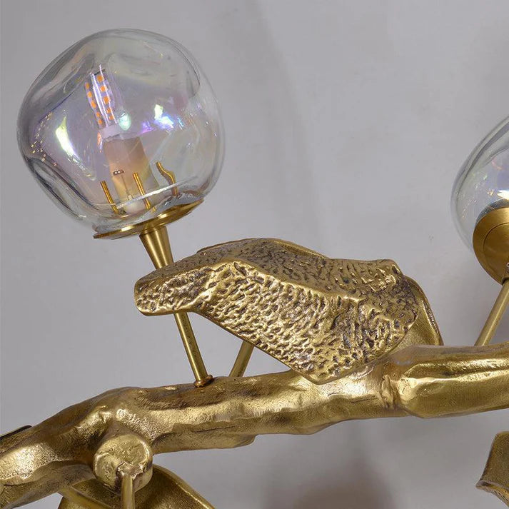 Long Organic Glass Bubble Brass Leaves Branch Chandelier