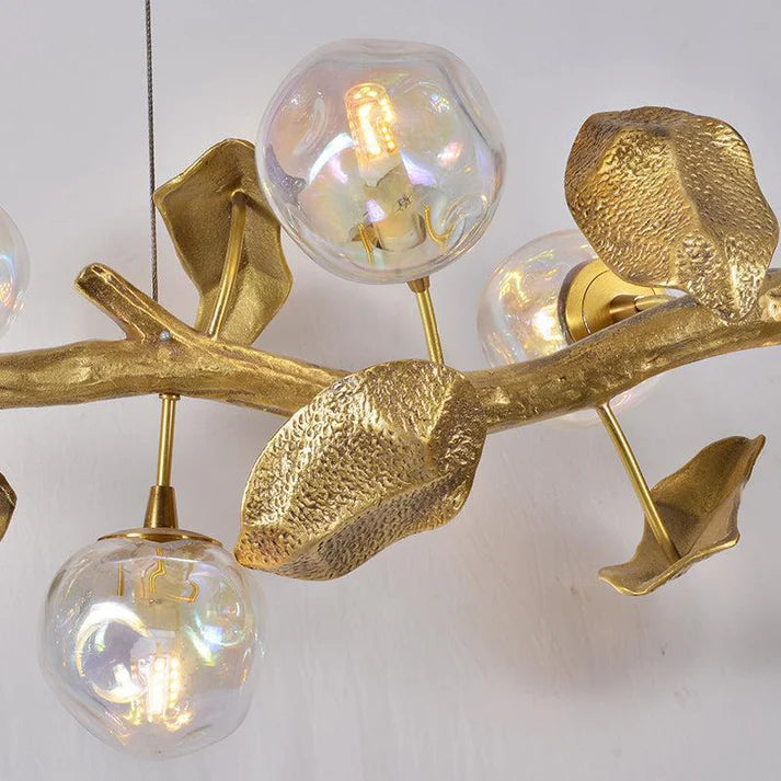 Long Organic Glass Bubble Brass Leaves Branch Chandelier