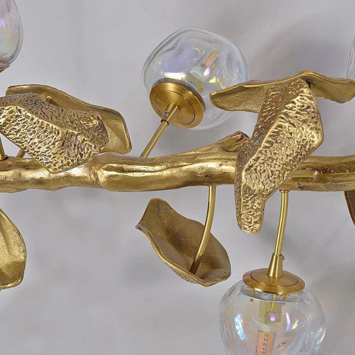 Long Organic Glass Bubble Brass Leaves Branch Chandelier