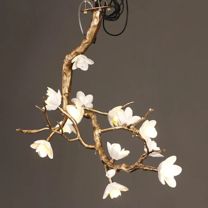 Magnolia Branch & Brass Floral Chandelier