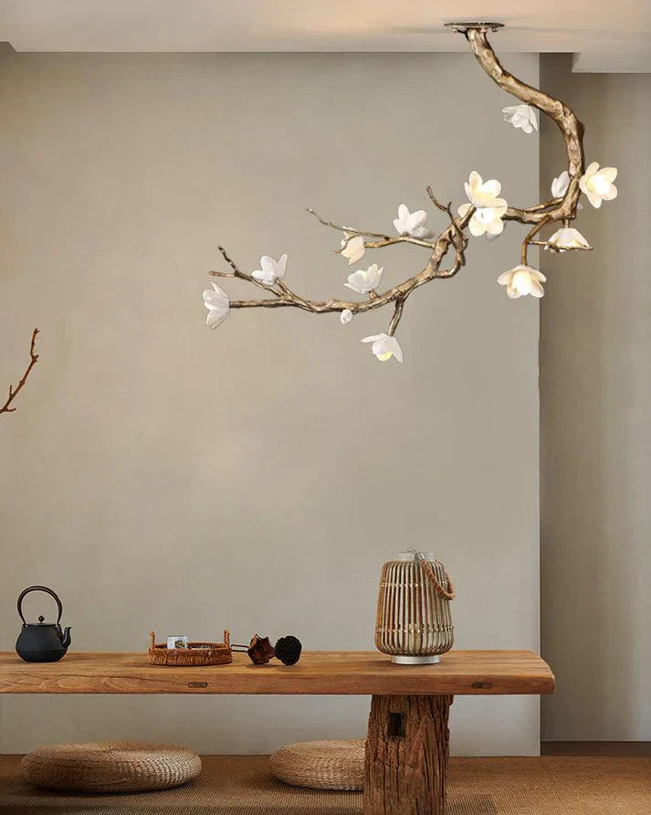 Magnolia Branch & Brass Floral Chandelier