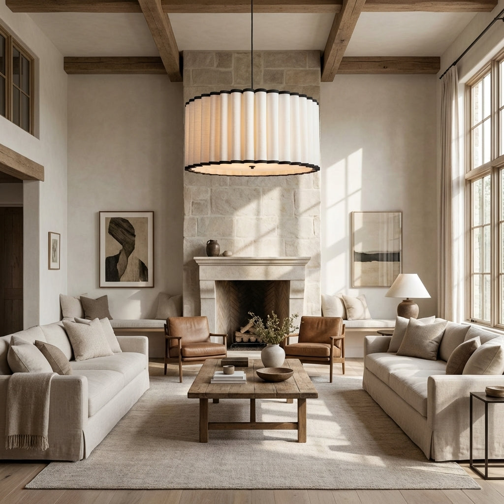 Marie Pleated Linen & Black Trim Pendant