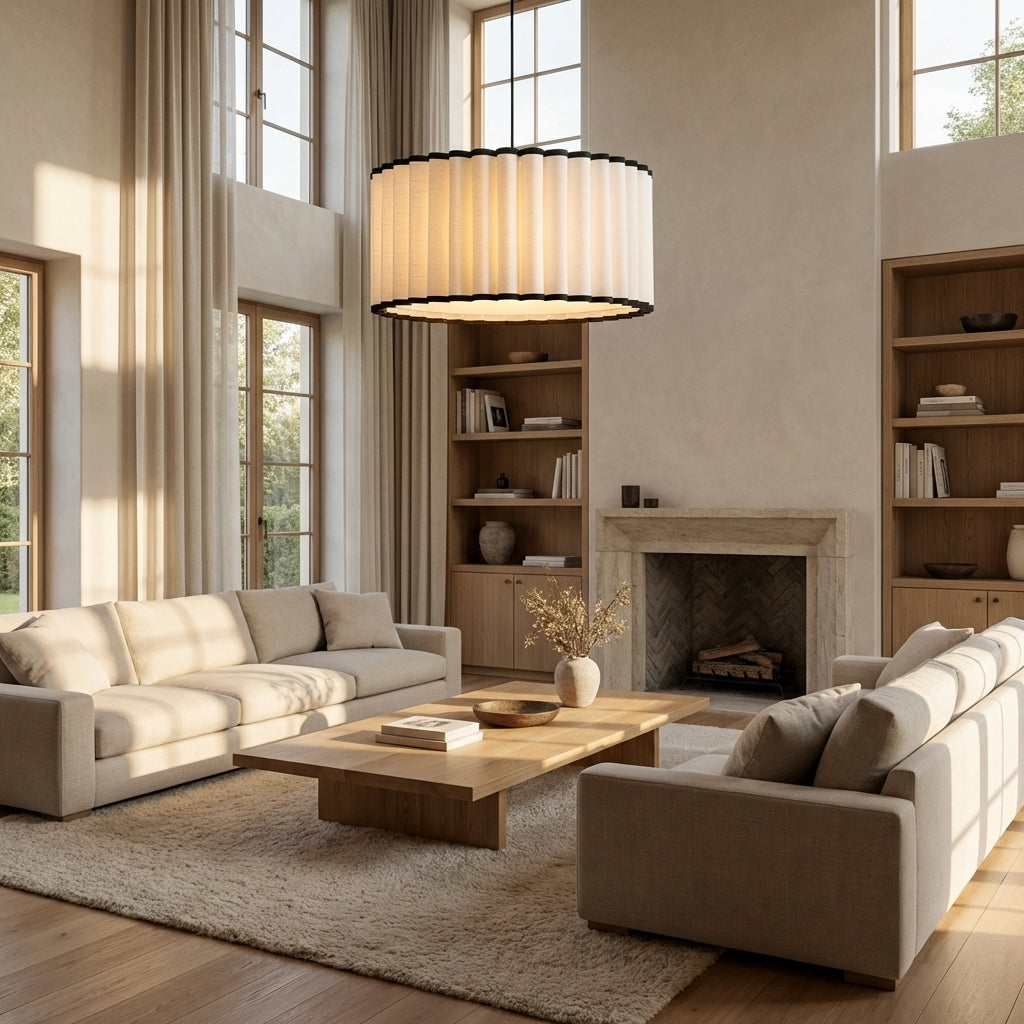 Marie Pleated Linen & Black Trim Pendant