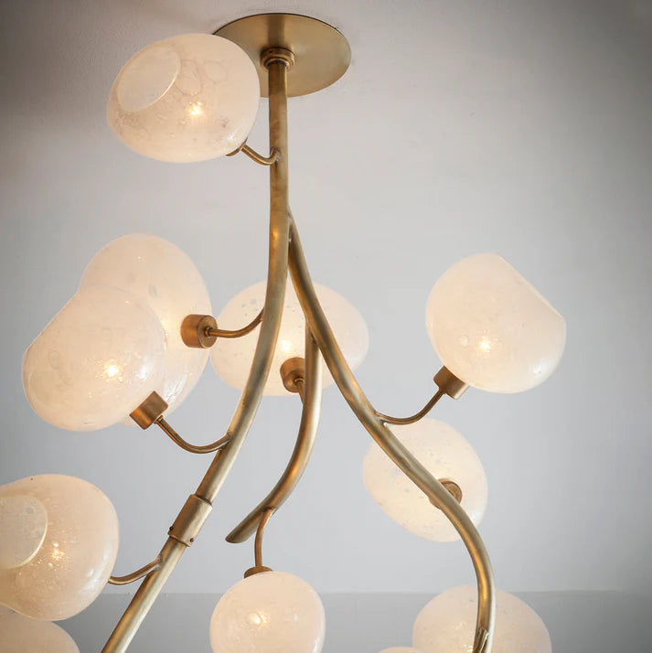 Modern Chandelier with Irregular Glass Lampshades and Brass Branches