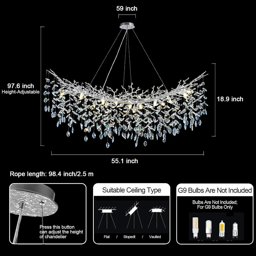 Modern Crystal Tree Branch Linear Chandelier for All Rooms 55" 72"