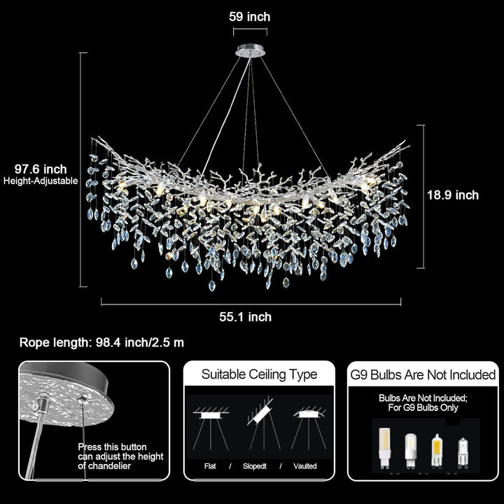 Modern Crystal Tree Branch Linear Chandelier for All Rooms 55" 72"