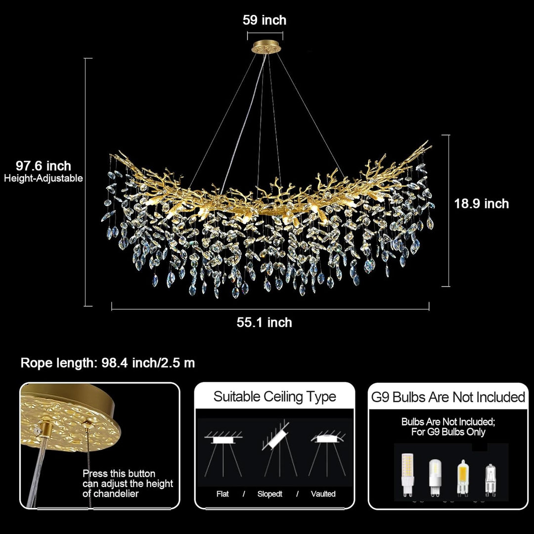 Modern Crystal Tree Branch Linear Chandelier for All Rooms 55" 72"