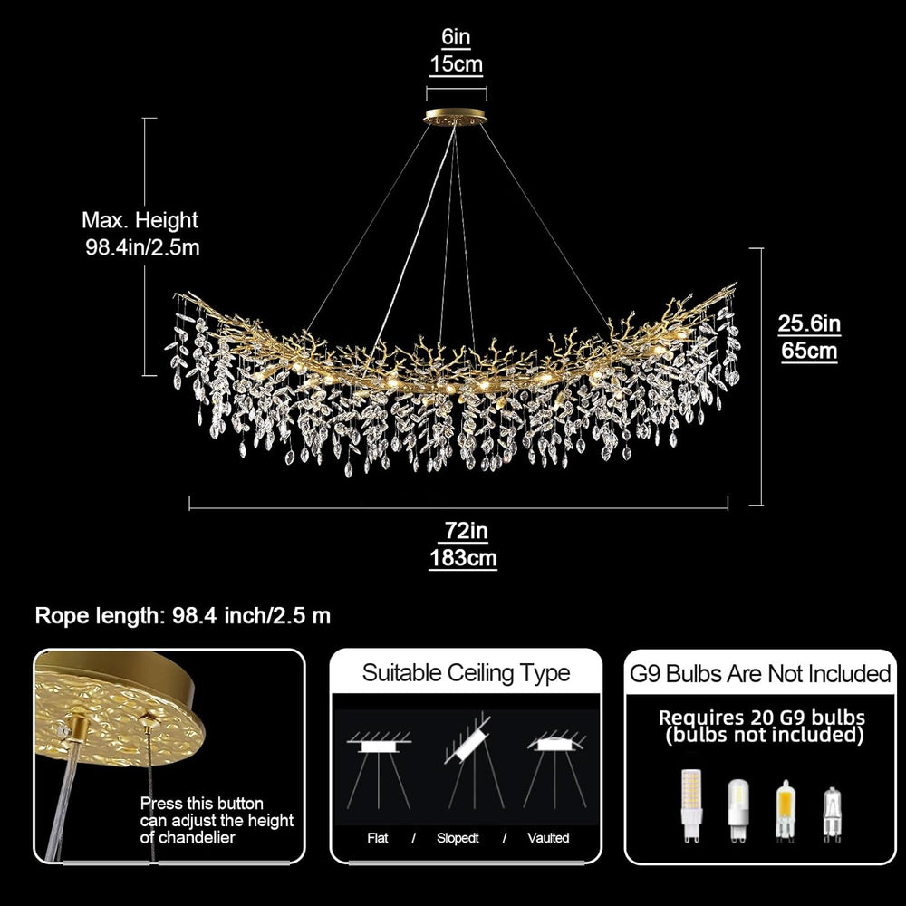 Modern Crystal Tree Branch Linear Chandelier for All Rooms 55" 72"