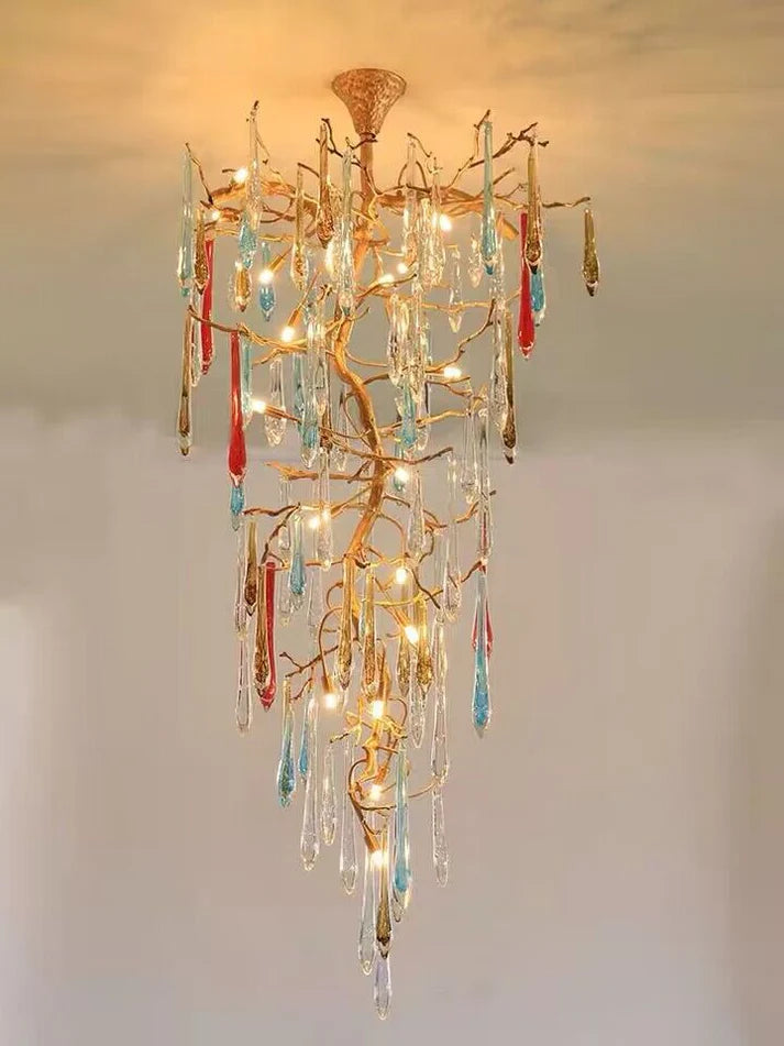 Modern Light Luxury Brass Branches Colored Glass Column Chandelier
