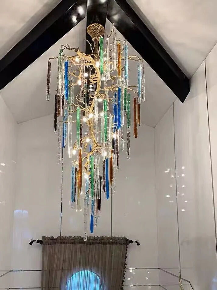 Modern Light Luxury Brass Branches Colored Glass Column Chandelier