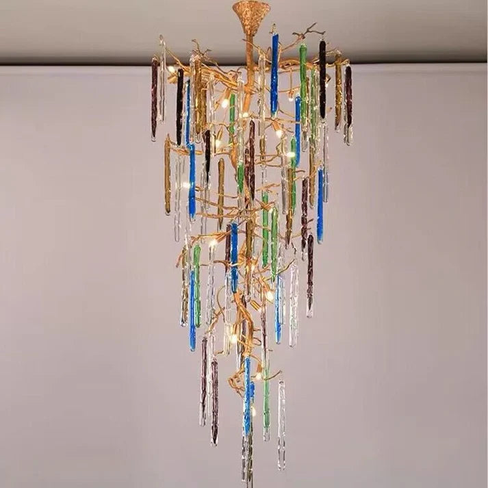 Modern Light Luxury Brass Branches Colored Glass Column Chandelier