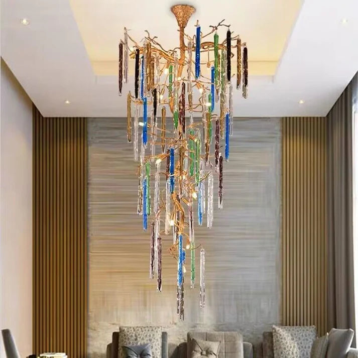 Modern Light Luxury Brass Branches Colored Glass Column Chandelier