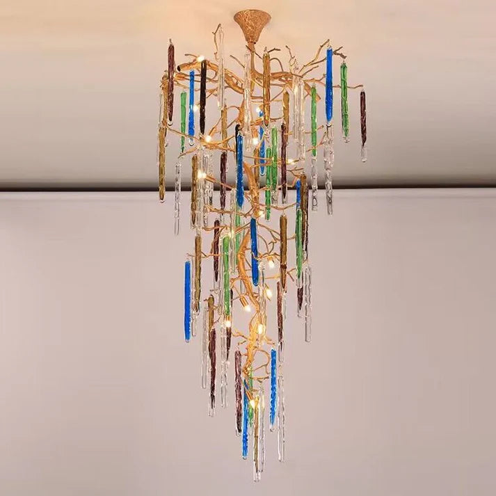Modern Light Luxury Brass Branches Colored Glass Column Chandelier