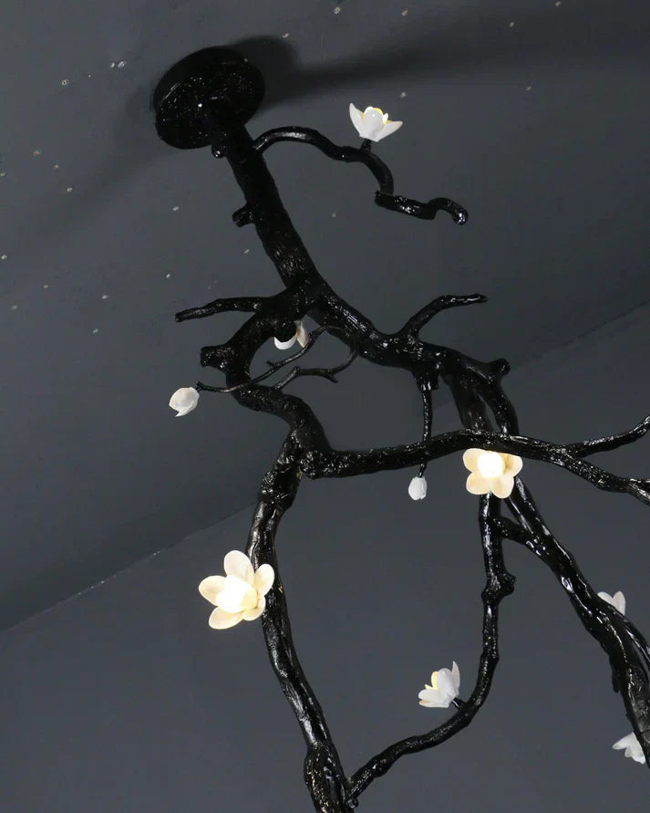 Noir Twisted Branch & Porcelain Bloom Candelabrum Chandelier