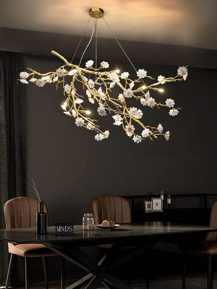 Post-Modern Art Brass and Ceramics Flower Pendant Branch Chandelier