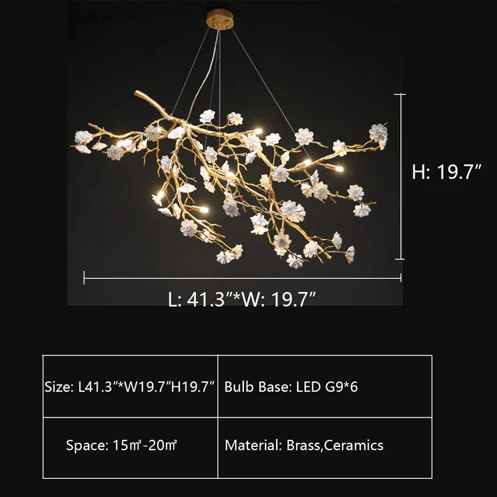 Post-Modern Art Brass and Ceramics Flower Pendant Branch Chandelier