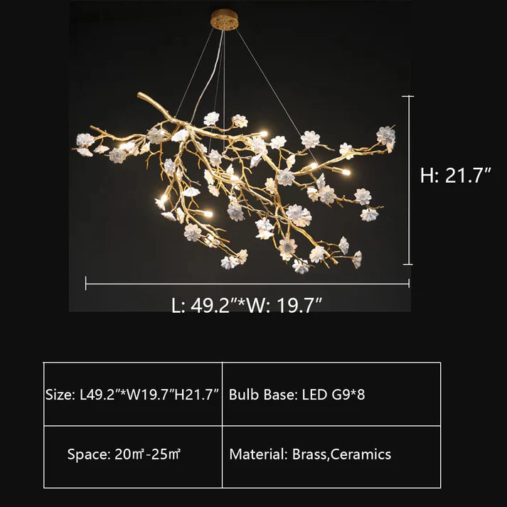 Post-Modern Art Brass and Ceramics Flower Pendant Branch Chandelier