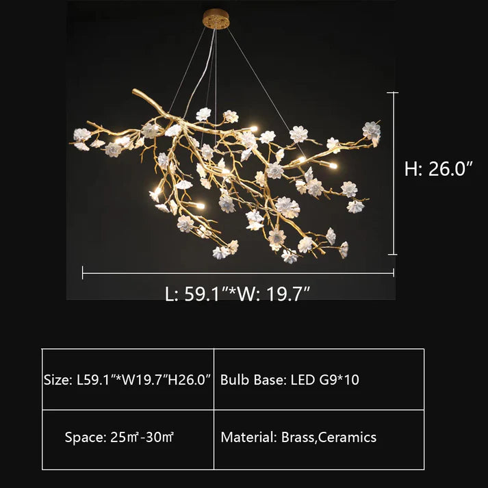 Post-Modern Art Brass and Ceramics Flower Pendant Branch Chandelier