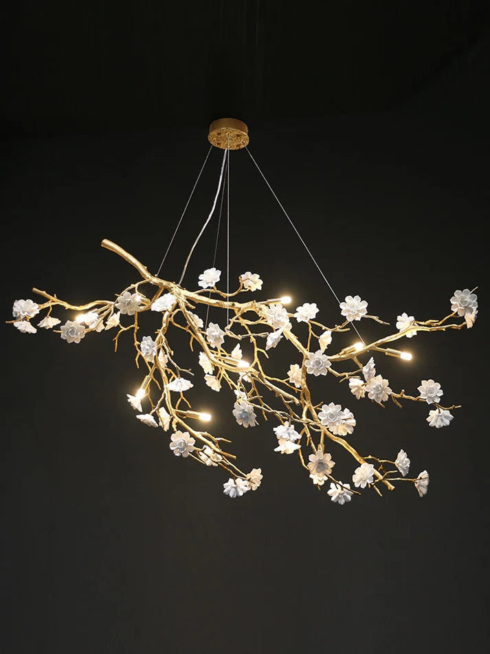 Post-Modern Art Brass and Ceramics Flower Pendant Branch Chandelier