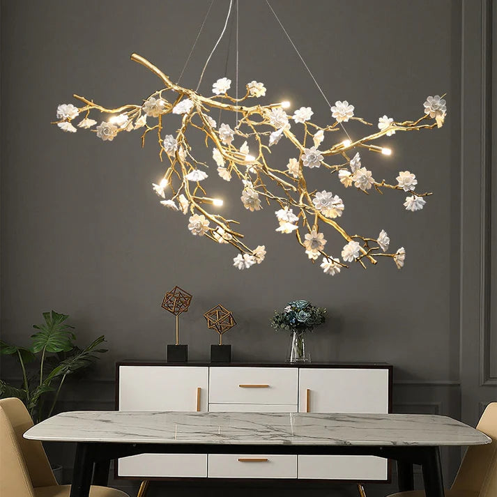 Post-Modern Art Brass and Ceramics Flower Pendant Branch Chandelier