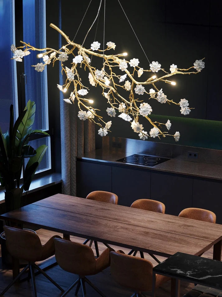 Post-Modern Art Brass and Ceramics Flower Pendant Branch Chandelier
