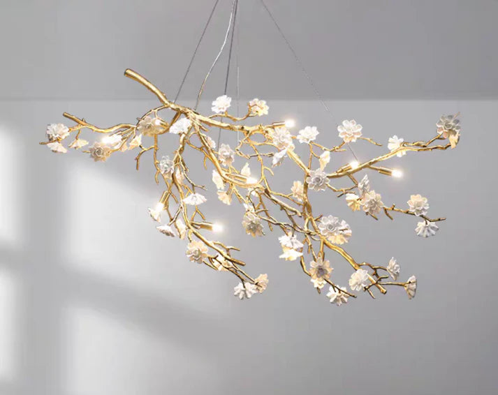 Post-Modern Art Brass and Ceramics Flower Pendant Branch Chandelier