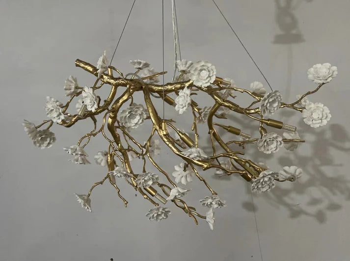 Post-Modern Art Brass and Ceramics Flower Pendant Branch Chandelier