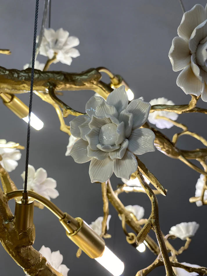 Post-Modern Art Brass and Ceramics Flower Pendant Branch Chandelier