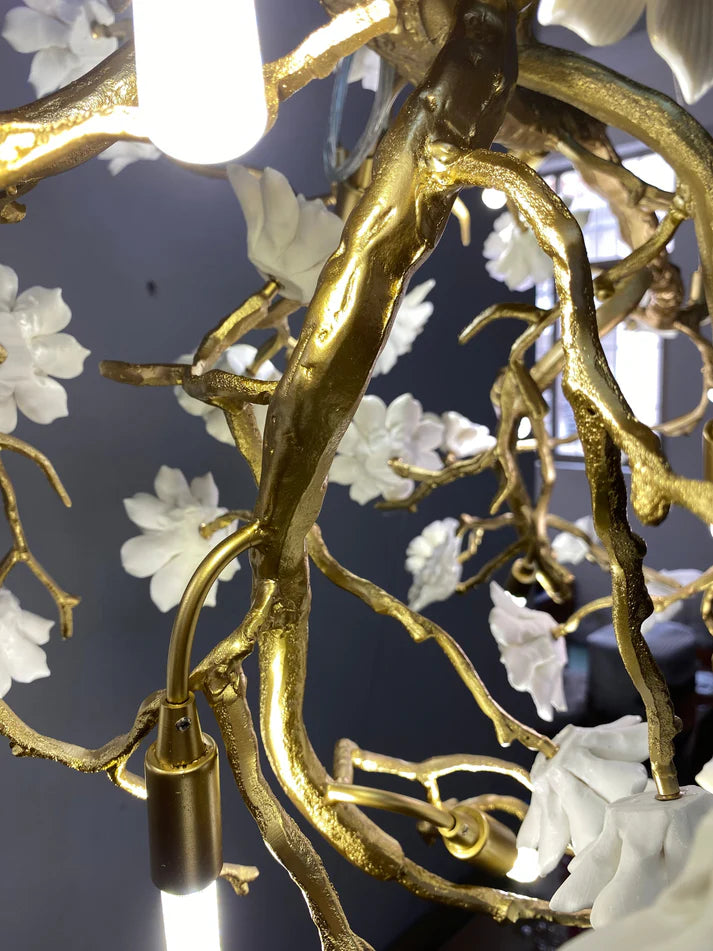 Post-Modern Art Brass and Ceramics Flower Pendant Branch Chandelier