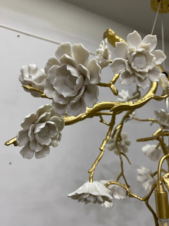 Post-Modern Art Brass and Ceramics Flower Pendant Branch Chandelier