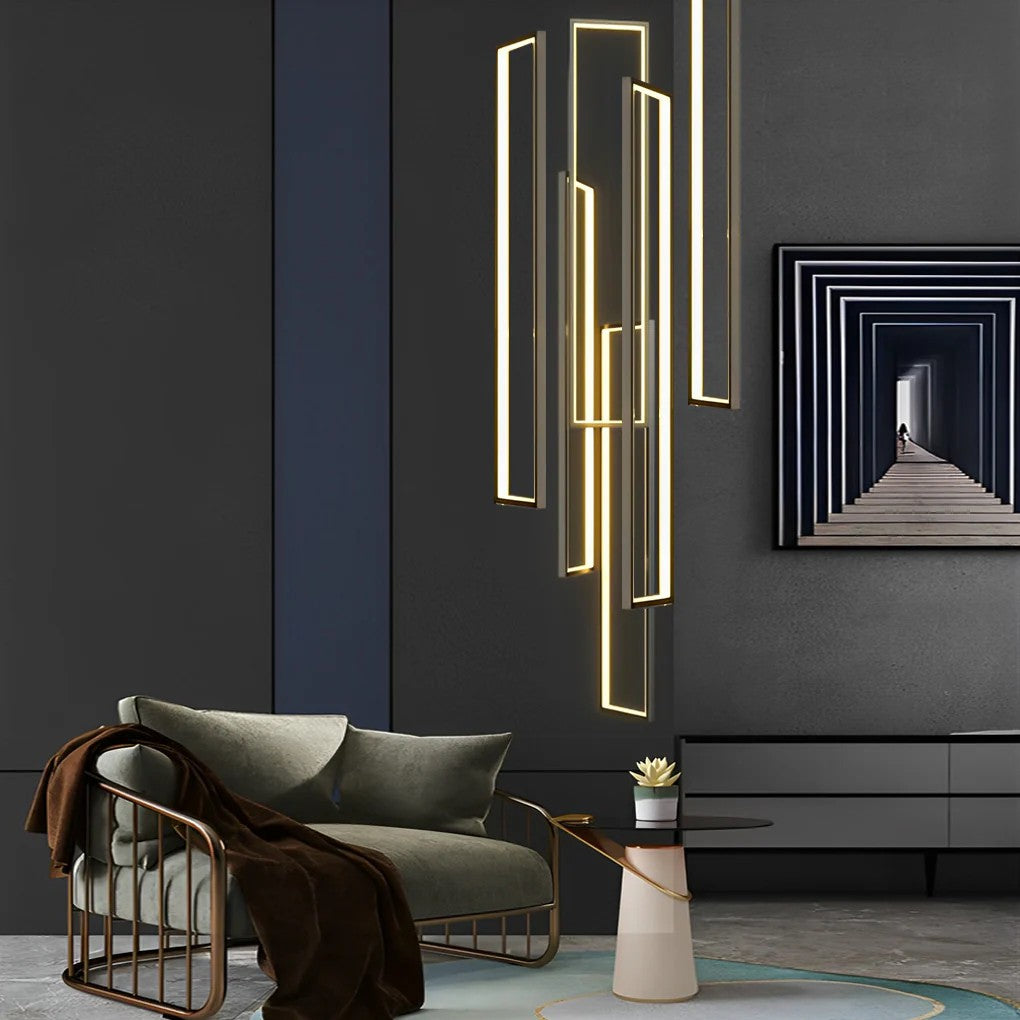 Rectangular Frame Aluminum LED Black Nordic Duplex Stair Chandelier