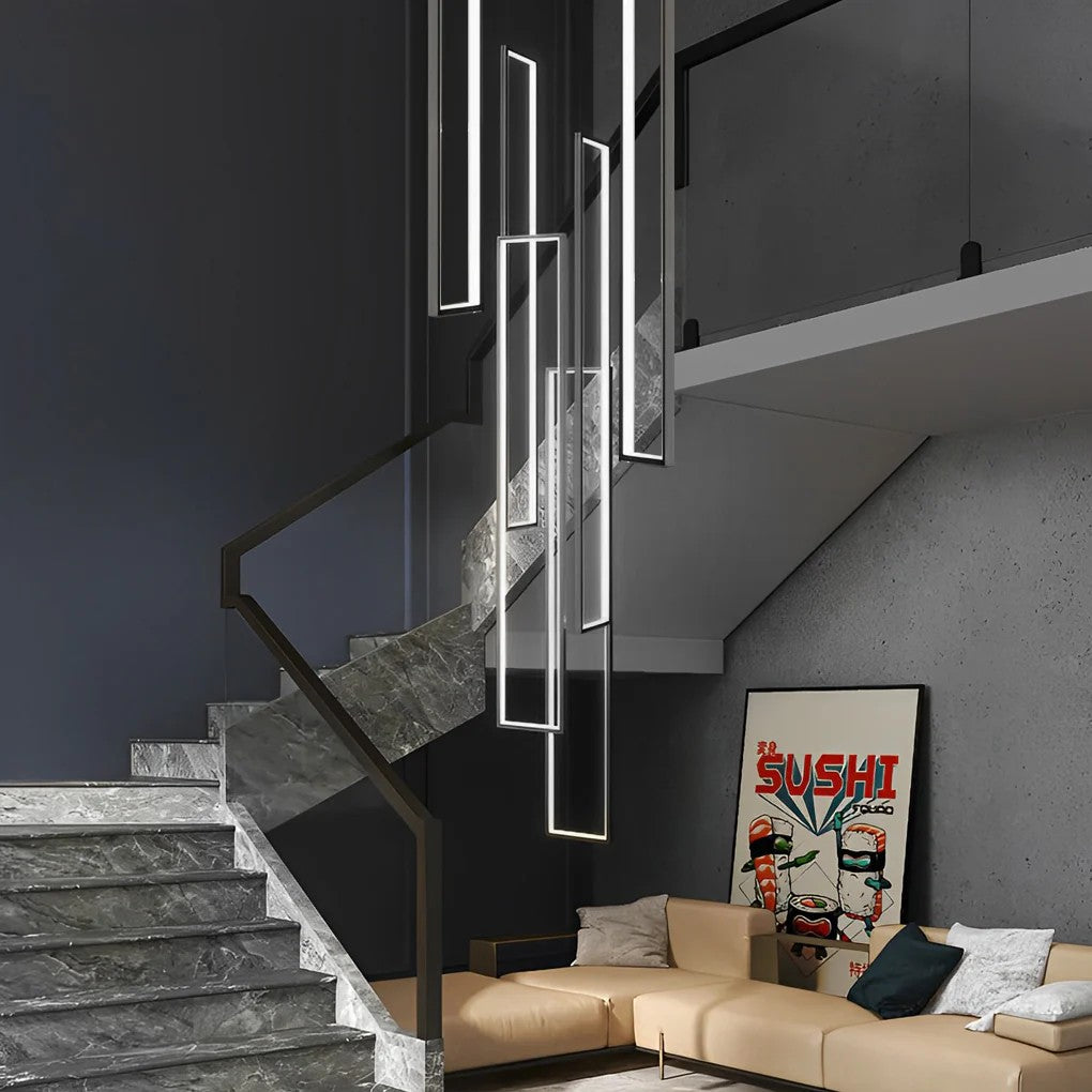 Rectangular Frame Aluminum LED Black Nordic Duplex Stair Chandelier