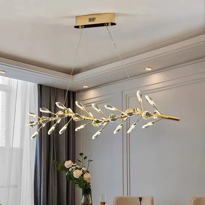 Sleek Modern Branch Crystal Leaves Linear Chandelier