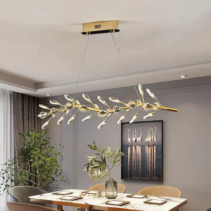 Sleek Modern Branch Crystal Leaves Linear Chandelier